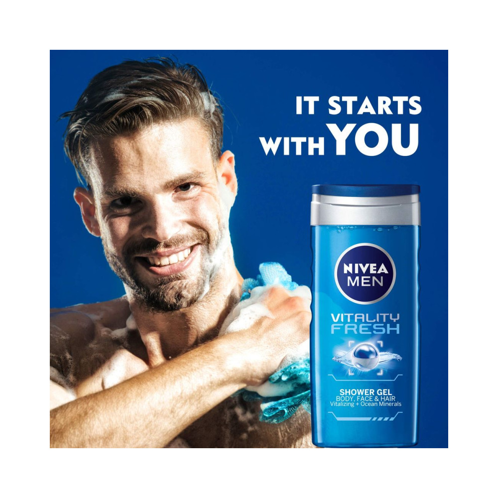 NIVEA MEN 3in1 Shower Gel Body Wash, Vitality Fresh Masculine Scent, 250ml