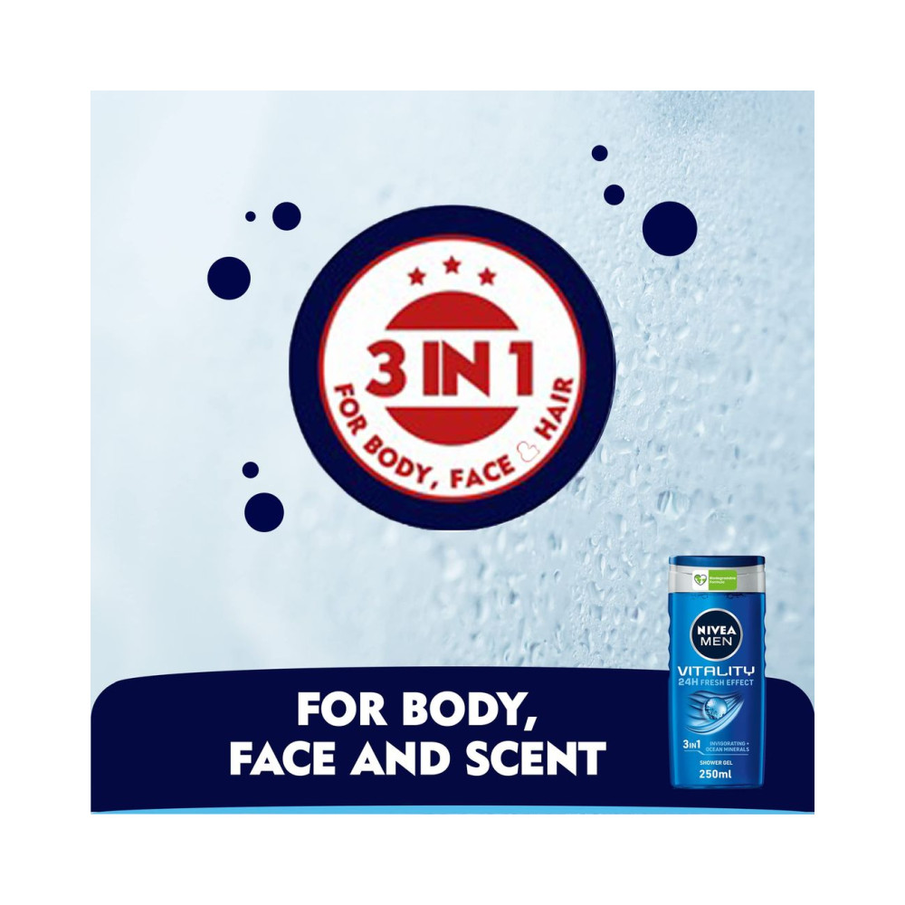 NIVEA MEN 3in1 Shower Gel Body Wash, Vitality Fresh Masculine Scent, 250ml