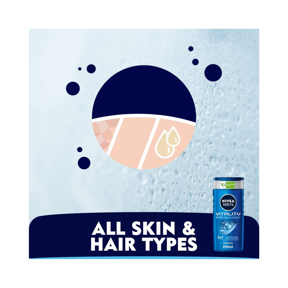 NIVEA MEN 3in1 Shower Gel Body Wash, Vitality Fresh Masculine Scent, 250ml