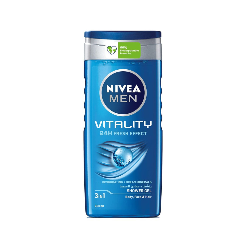 NIVEA MEN 3in1 Shower Gel Body Wash, Vitality Fresh Masculine Scent, 250ml