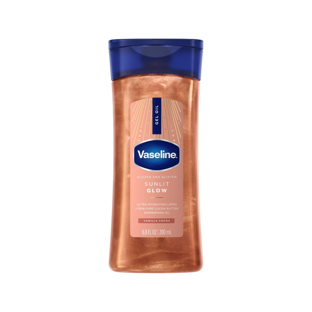 Vaseline Glazed and Glisten Sunlit Glow Body Gel Oil Vanilla Cocoa Shimmering with Ultra Hydrating Lipids and 100% Pure Cocoa Butter, 6.8 Oz