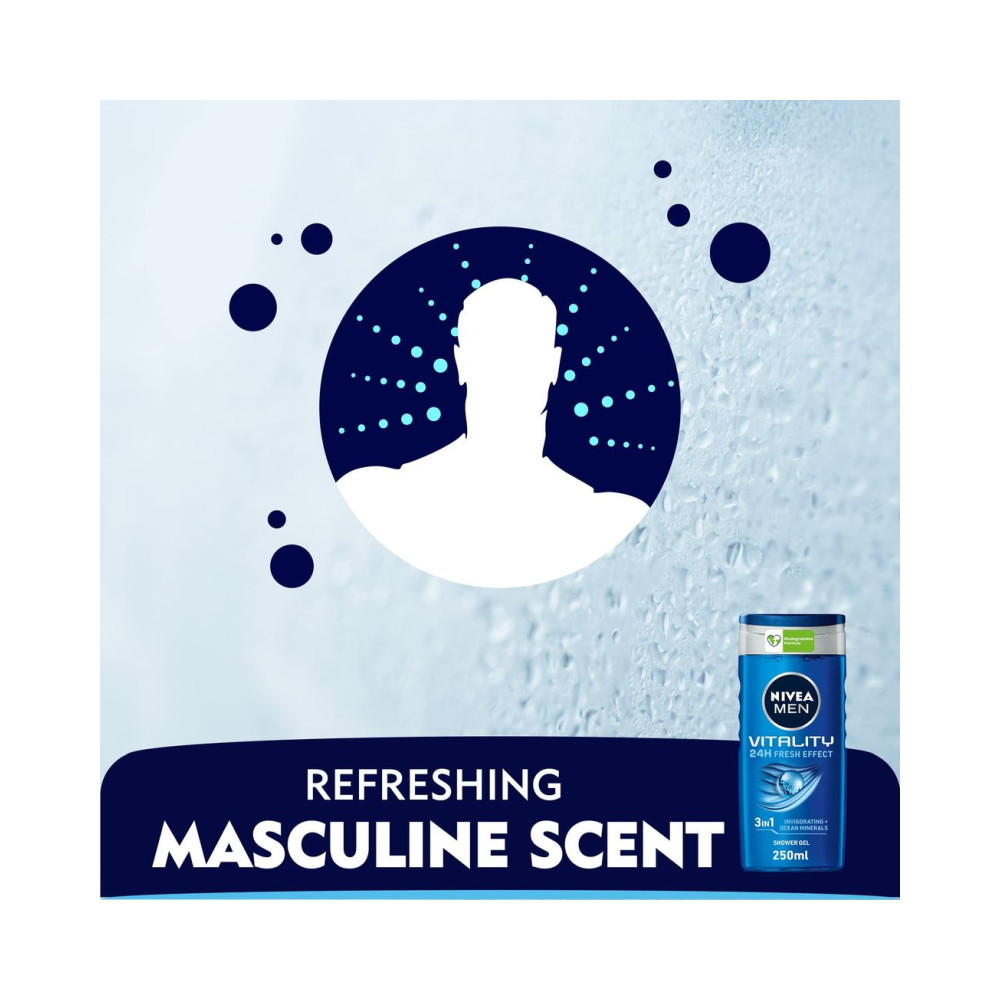 NIVEA MEN 3in1 Shower Gel Body Wash, Vitality Fresh Masculine Scent, 250ml