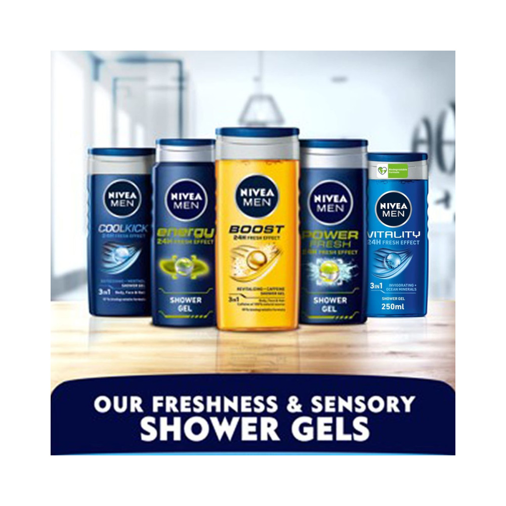 NIVEA MEN 3in1 Shower Gel Body Wash, Vitality Fresh Masculine Scent, 250ml