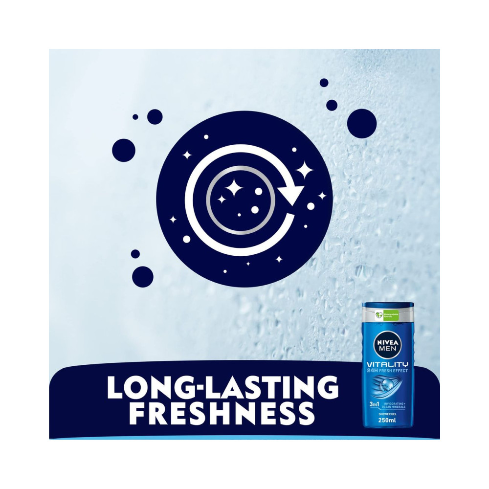 NIVEA MEN 3in1 Shower Gel Body Wash, Vitality Fresh Masculine Scent, 250ml