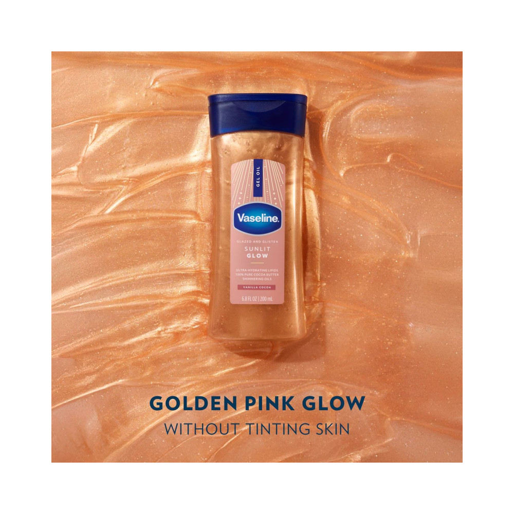 Vaseline Glazed and Glisten Sunlit Glow Body Gel Oil Vanilla Cocoa Shimmering with Ultra Hydrating Lipids and 100% Pure Cocoa Butter, 6.8 Oz