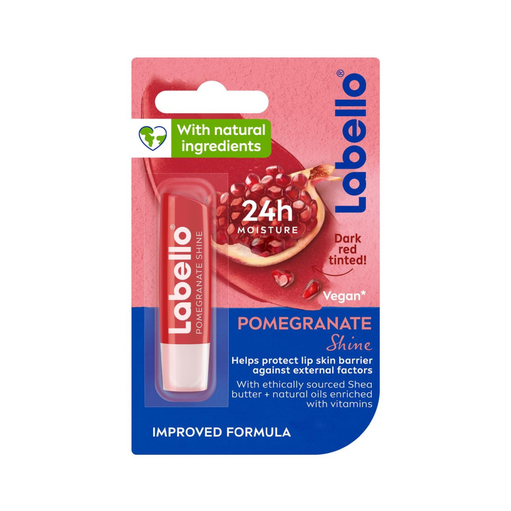 Labello Pomegranate Shine Lip Balm, 24H Melt In Moisture, with Shea Butter and Natural Oils Enriched with Vitamins, with Natural Ingredients, Mineral Oil Free, Vegan, 4.8g
